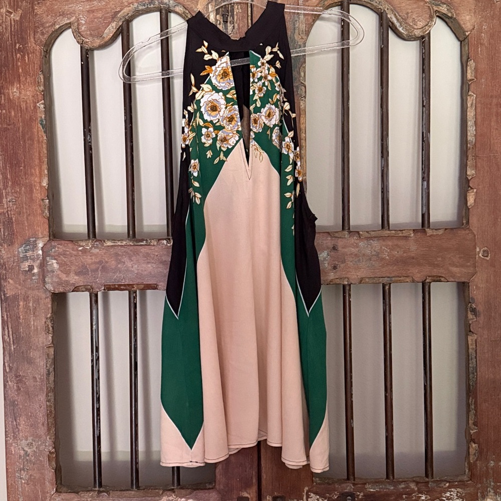 Free People Black and Green Embroidered Top